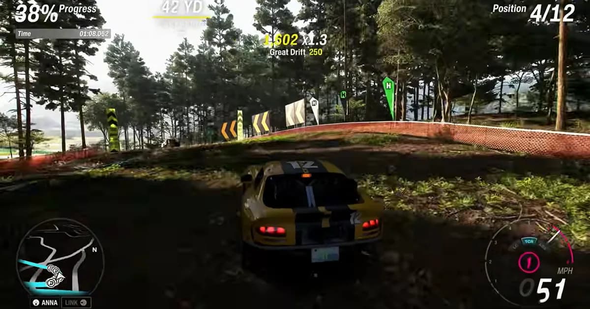 A sports car drifts through a forest rally stage lined with Horizon festival checkpoint banners.
