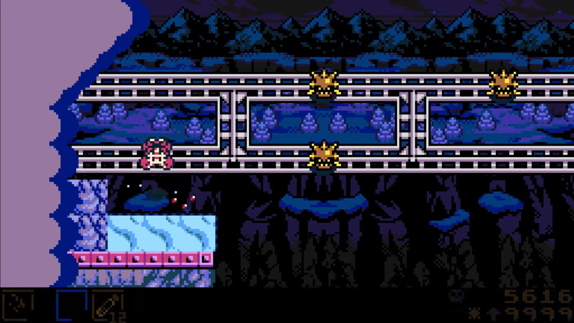 A pixel-art mouse character stands on a narrow bridge over a deep cavern while flying enemies patrol overhead.