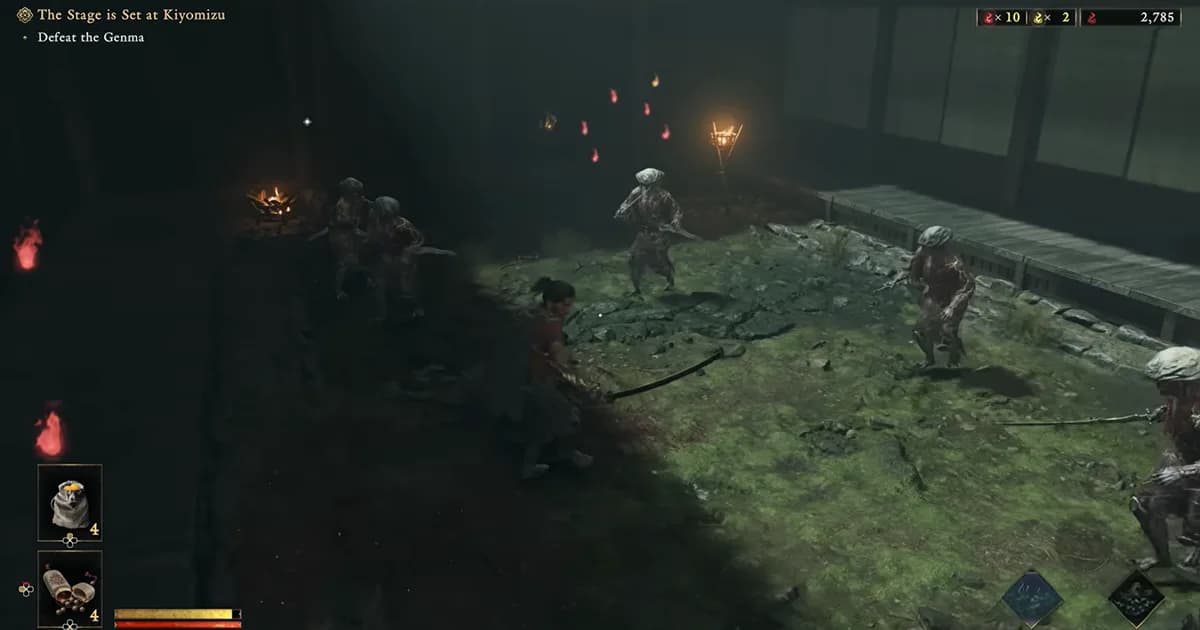 A swordsman narrowly dodges a massive demon's sweeping blade during a challenging boss fight.