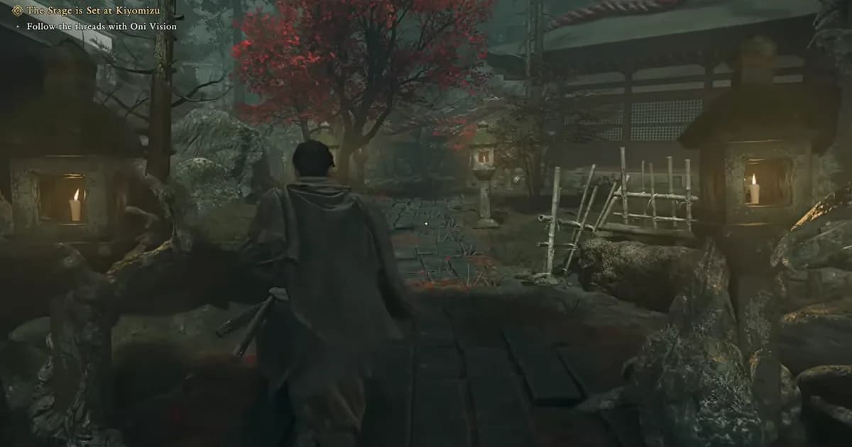 Musashi explores a quiet temple courtyard surrounded by lanterns, stone paths and autumn trees.