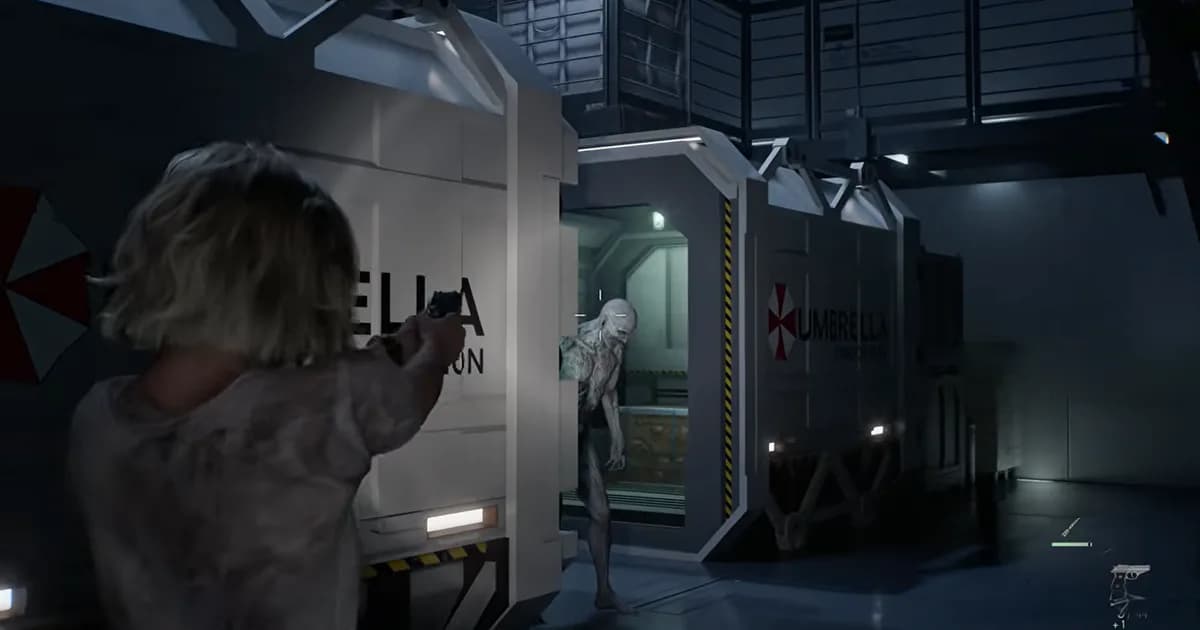 Grace, pistol raised, facing a pale, emaciated figure standing in the doorway of an Umbrella-branded storage container inside a sterile industrial facility.