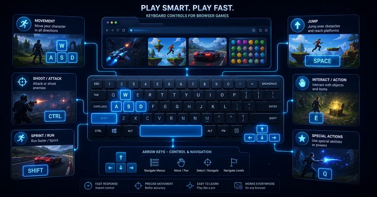 A computer keyboard with common browser game controls including WASD, arrow keys, Space, Shift, and number keys highlighted to illustrate typical gaming layouts.