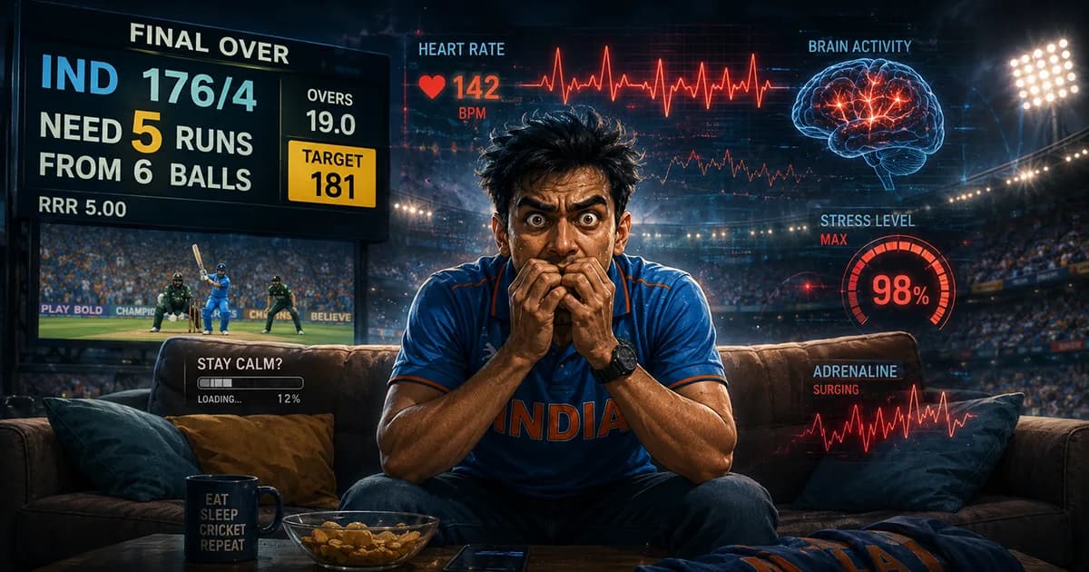 Cricket fans experiencing intense emotions during a dramatic final over