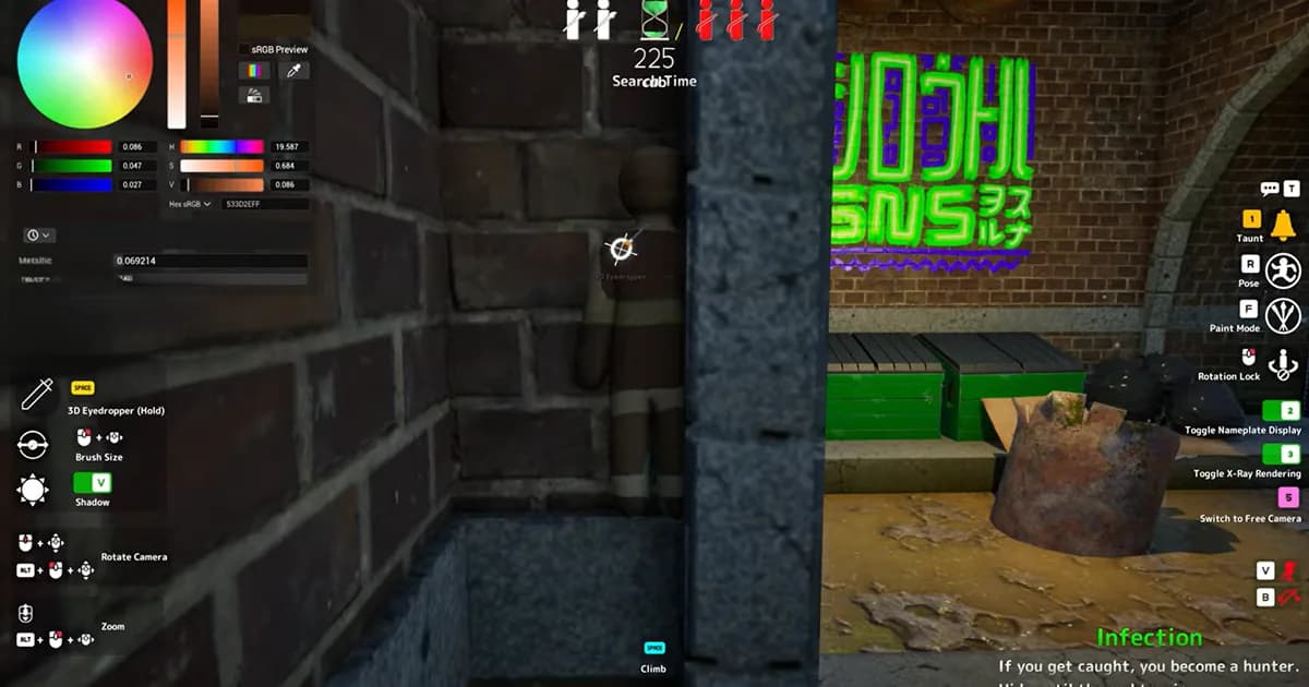 A player paints a white stick figure to match a brick wall while hiding before the search phase begins.