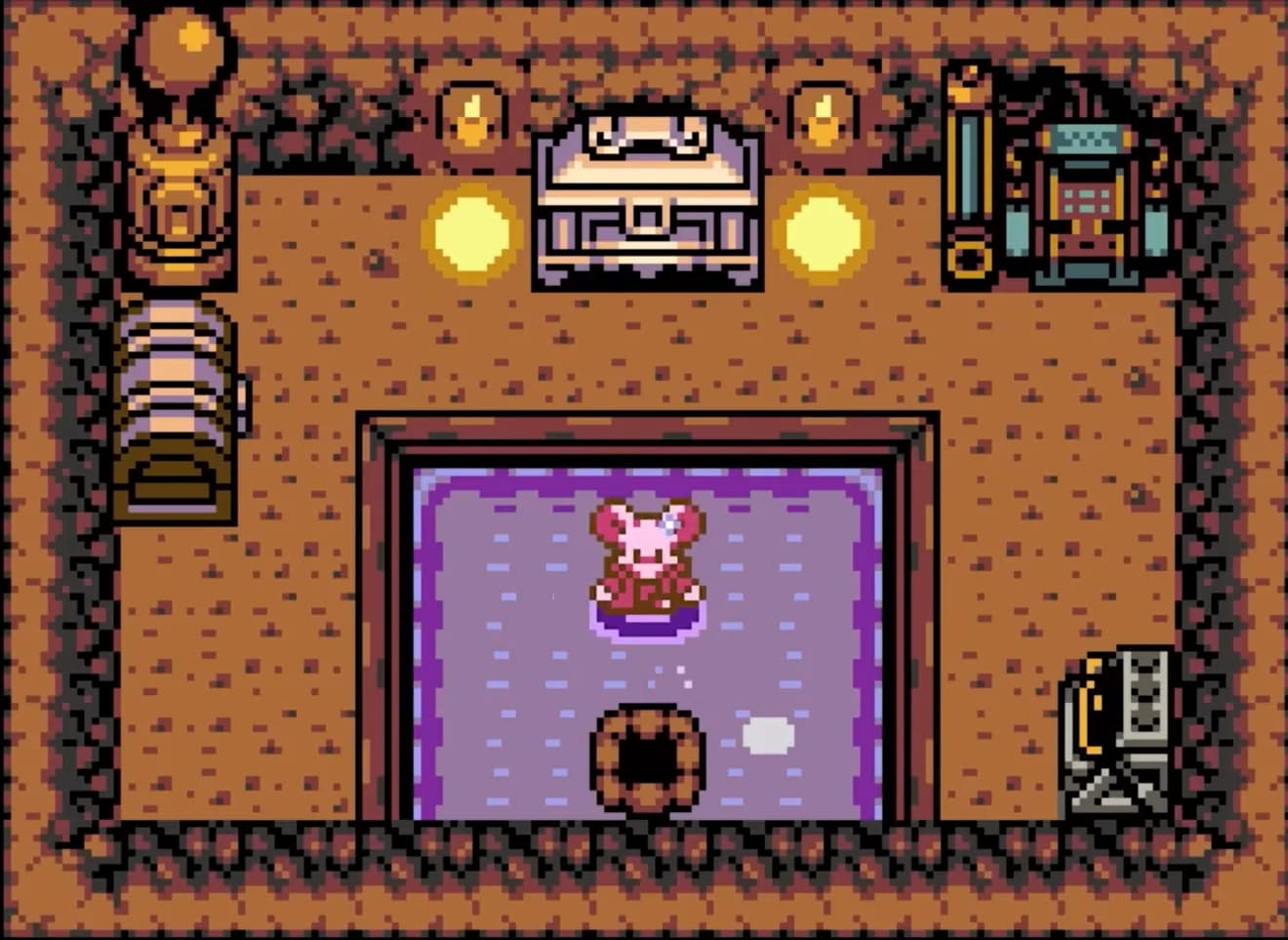 A pixel-art mouse character stands in a small underground chamber with a pool, treasure chest and mechanical devices.