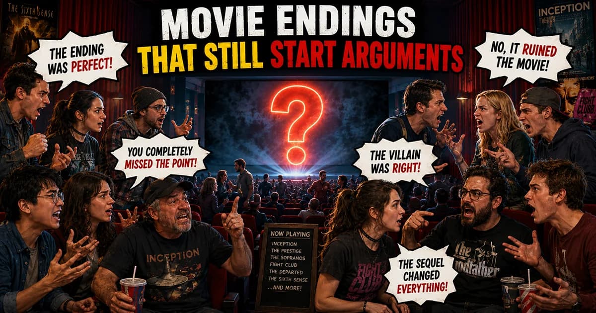Movie fans passionately debating the meaning of a controversial film ending