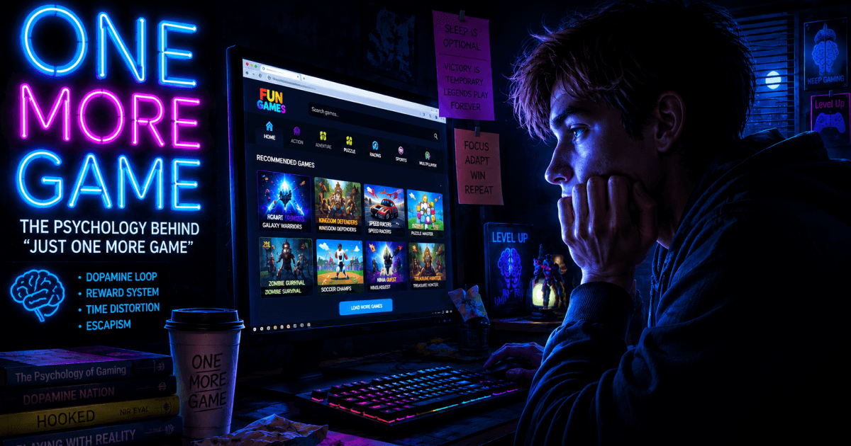 Gamer staring at a screen late at night tempted to play one more game