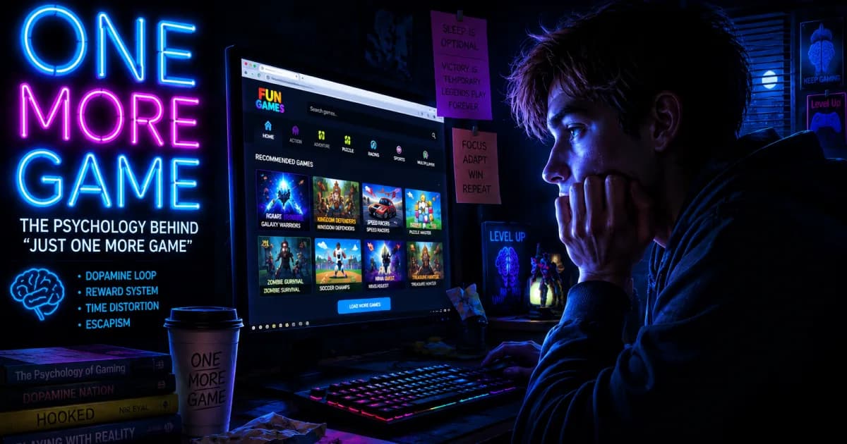 Gamer staring at a screen late at night tempted to play one more game