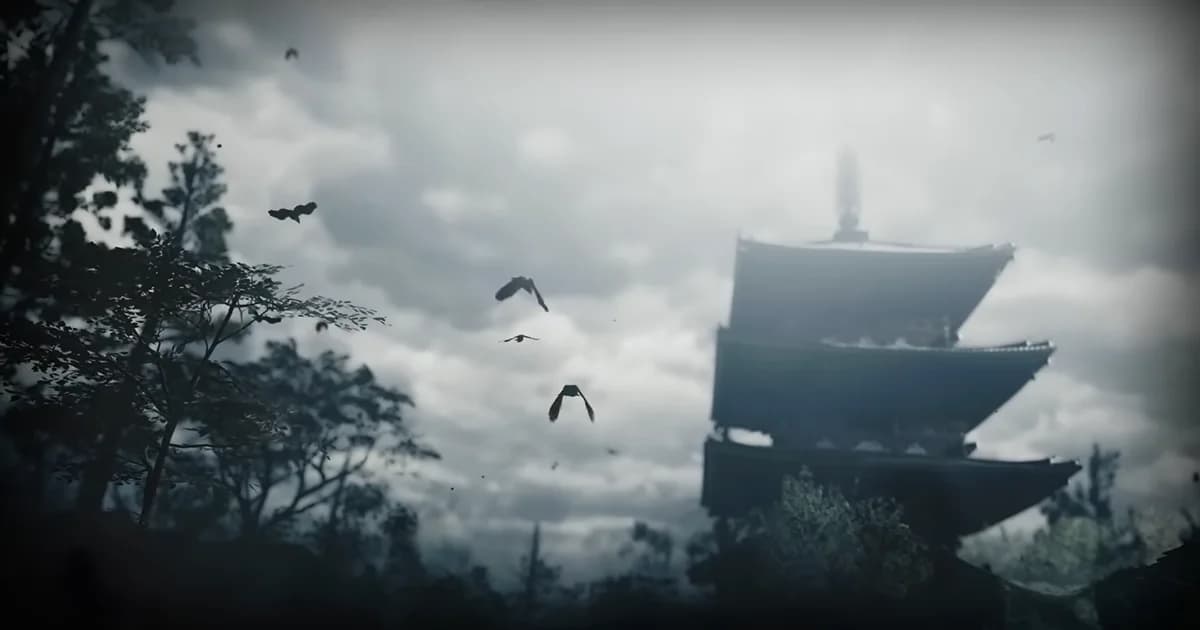 A misty Japanese temple rises beneath dark storm clouds as birds circle overhead in Onimusha: Way of the Sword.
