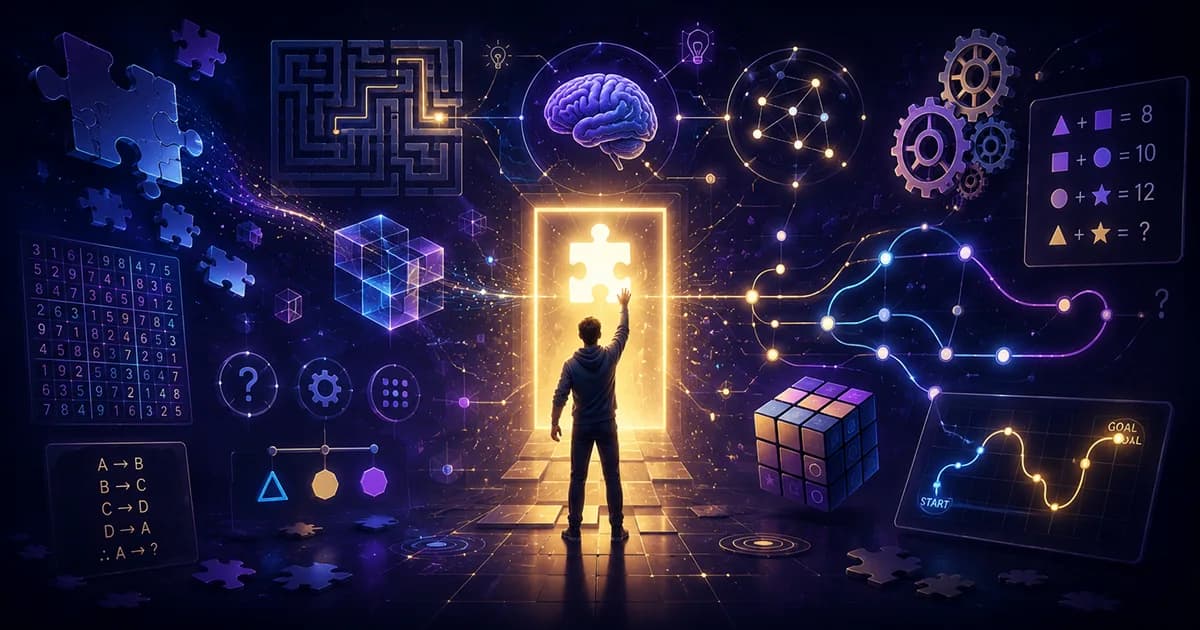 Illustration of a beginner progressing through different puzzle challenges including logic grids, matching pieces, number puzzles, block puzzles, and spatial reasoning tasks.