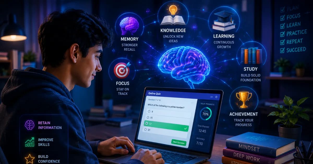 Person taking an online quiz to improve memory retention, learning ability, and knowledge development