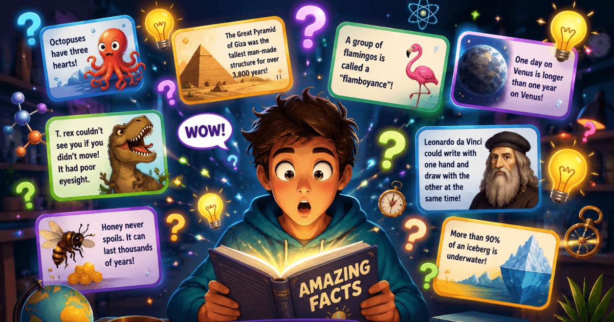 Colorful illustration showing surprising facts with playful icons, question marks and amazed expressions