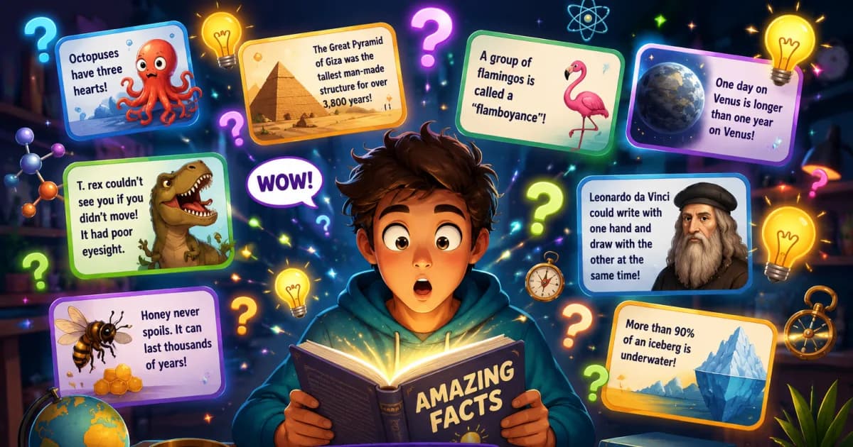 Colorful illustration showing surprising facts with playful icons, question marks and amazed expressions