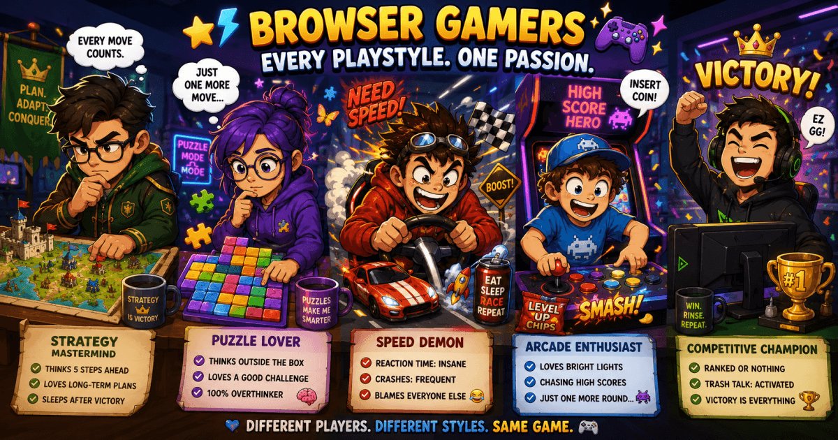 Different browser game player personalities illustrated as unique gamer archetypes