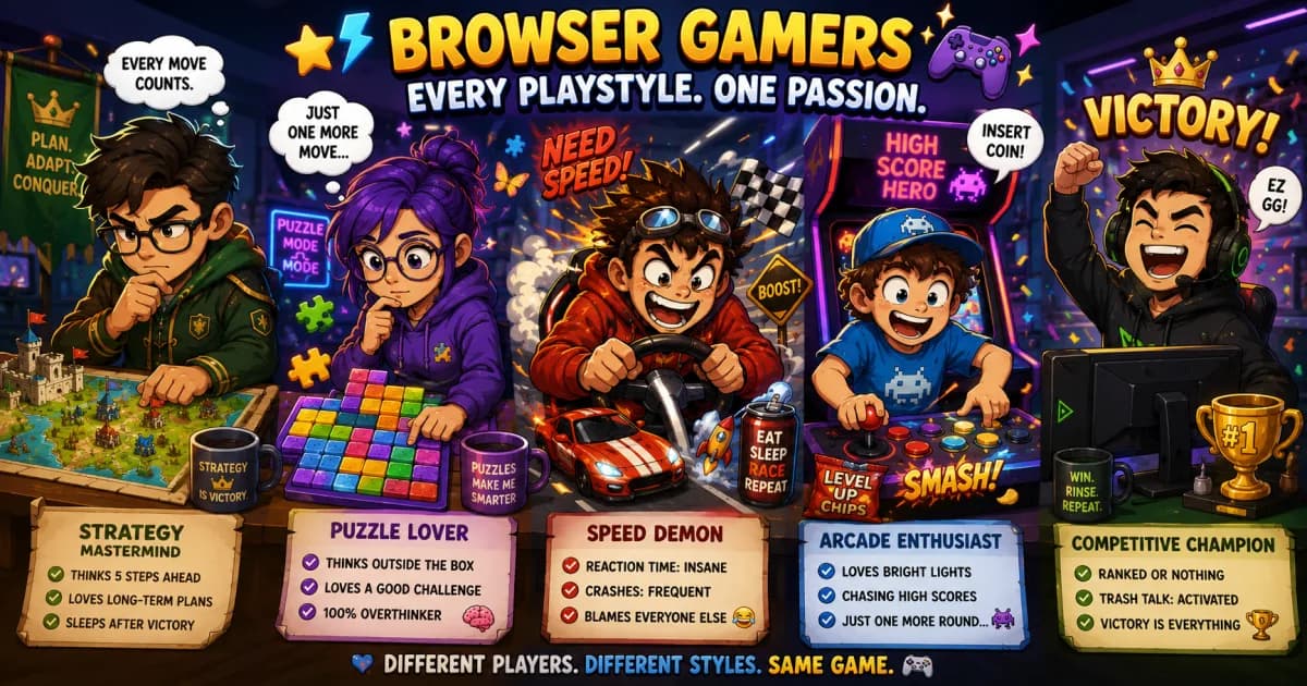 Different browser game player personalities illustrated as unique gamer archetypes