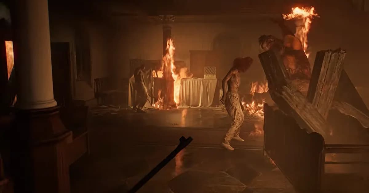 A burning dining room mid-collapse: charred, emaciated figures moving through the flames near an overturned table, a fallen ceiling beam in the foreground.