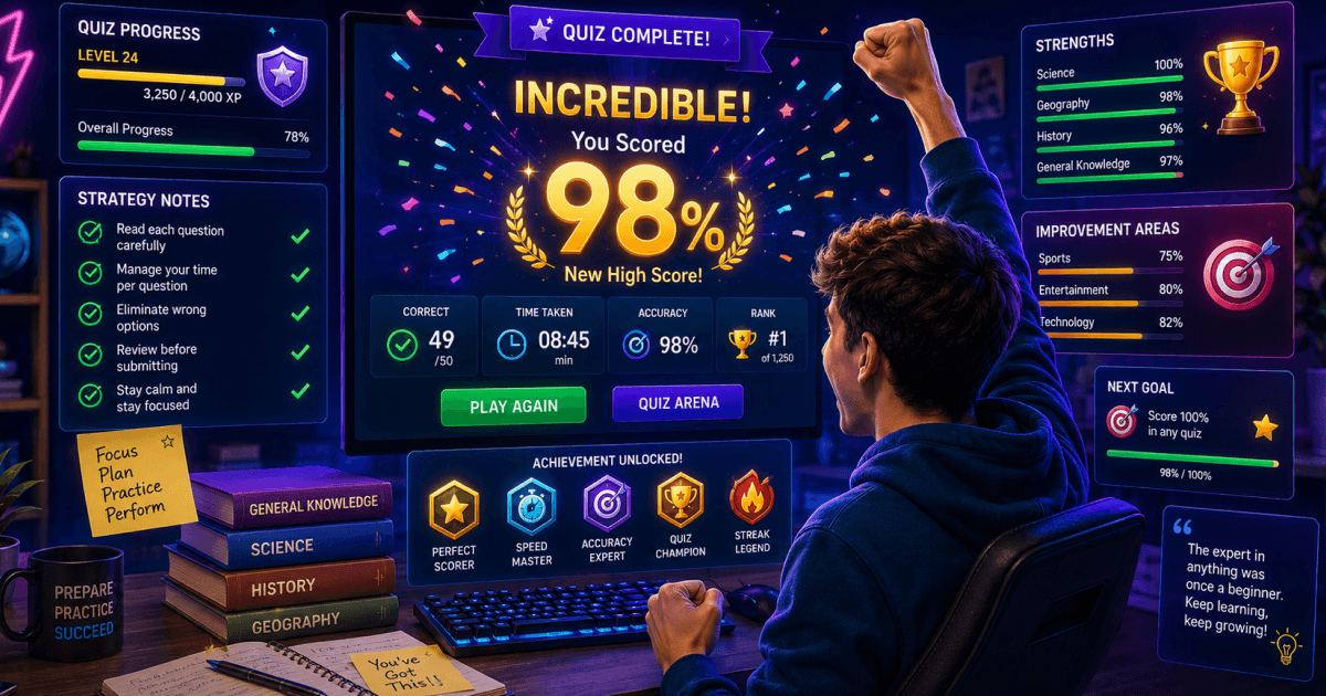 Quiz player achieving a high score using effective online quiz strategies and preparation techniques