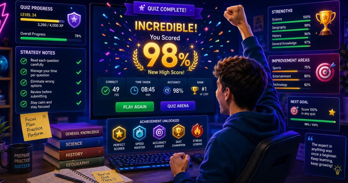 Quiz player achieving a high score using effective online quiz strategies and preparation techniques