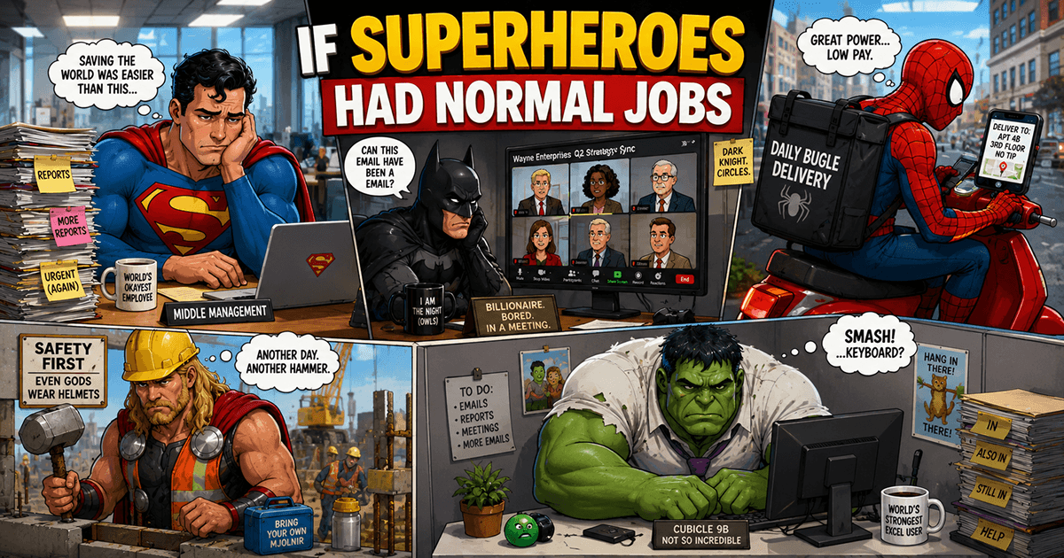 Superheroes working ordinary office jobs in a funny corporate environment