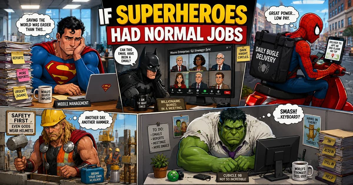 Superheroes working ordinary office jobs in a funny corporate environment