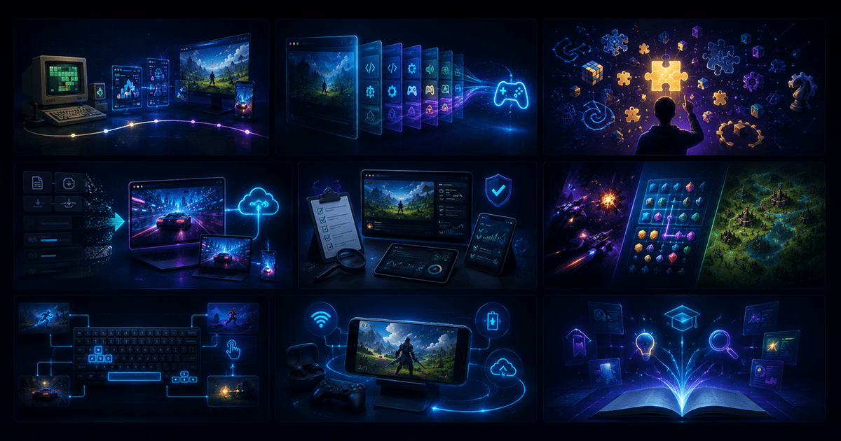 A smartphone displaying a colorful HTML5 browser game with touch controls, shown in both portrait and landscape orientation alongside subtle performance icons, capturing a modern mobile gaming atmosphere.
