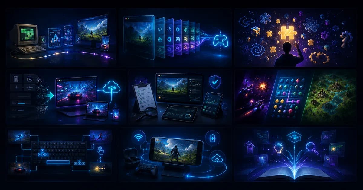 A smartphone displaying a colorful HTML5 browser game with touch controls, shown in both portrait and landscape orientation alongside subtle performance icons, capturing a modern mobile gaming atmosphere.
