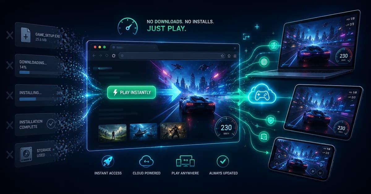 Illustration comparing a traditional game installation process with a browser game that opens instantly inside a web browser without a separate installer.